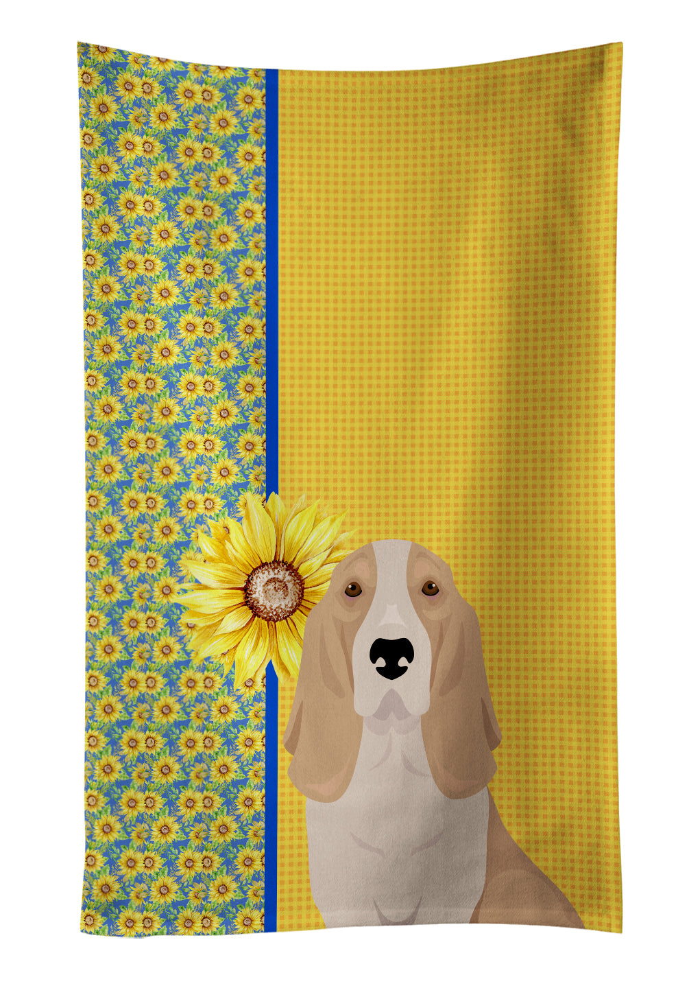 Summer Sunflowers Lemon and White Tricolor Basset Hound Kitchen Towel Velour Plush Front and Cotton Loop Back Machine Washable