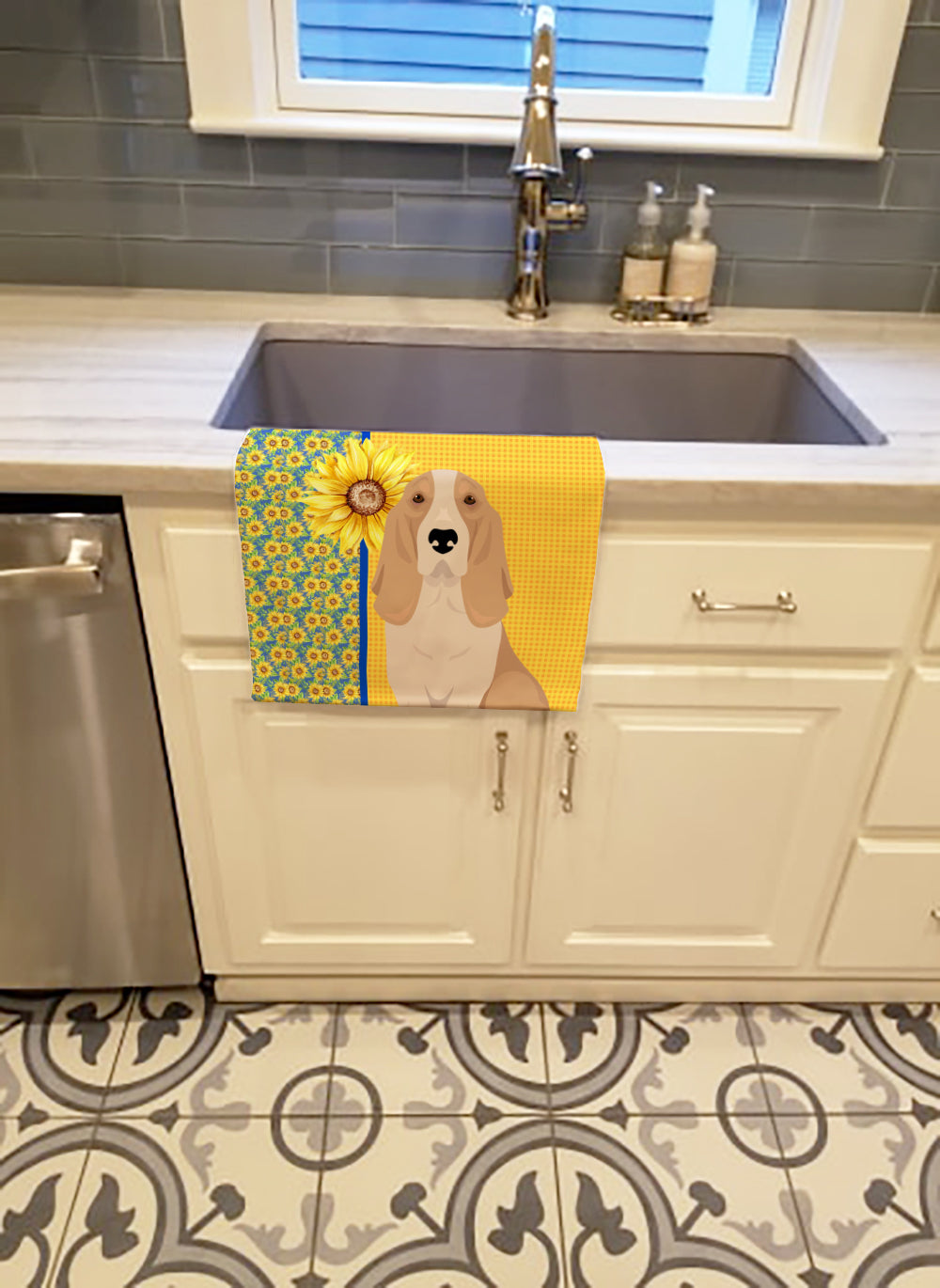 Summer Sunflowers Lemon and White Tricolor Basset Hound Kitchen Towel Velour Plush Front and Cotton Loop Back Machine Washable