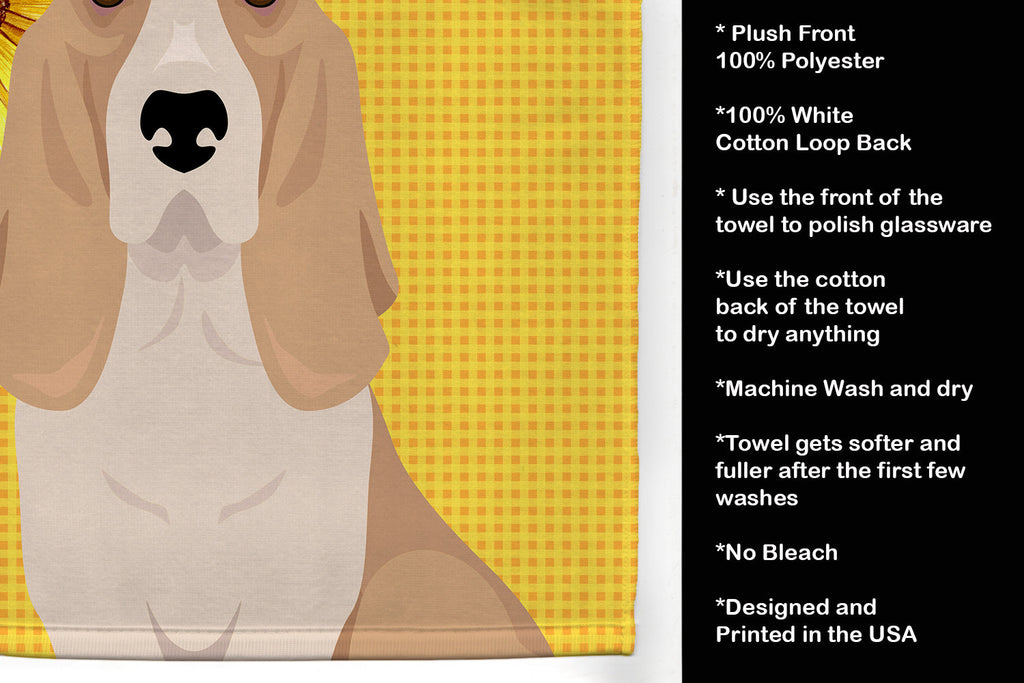 Summer Sunflowers Lemon and White Tricolor Basset Hound Kitchen Towel Velour Plush Front and Cotton Loop Back Machine Washable