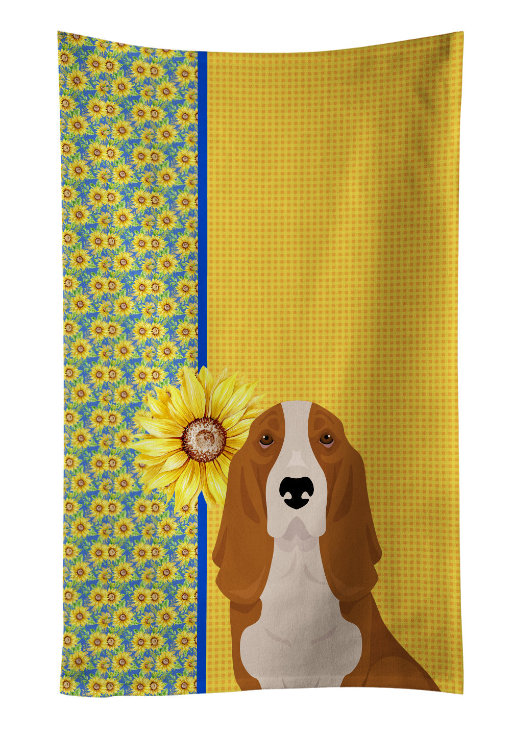 Summer Sunflowers Red and White Tricolor Basset Hound Kitchen Towel Velour Plush Front and Cotton Loop Back Machine Washable