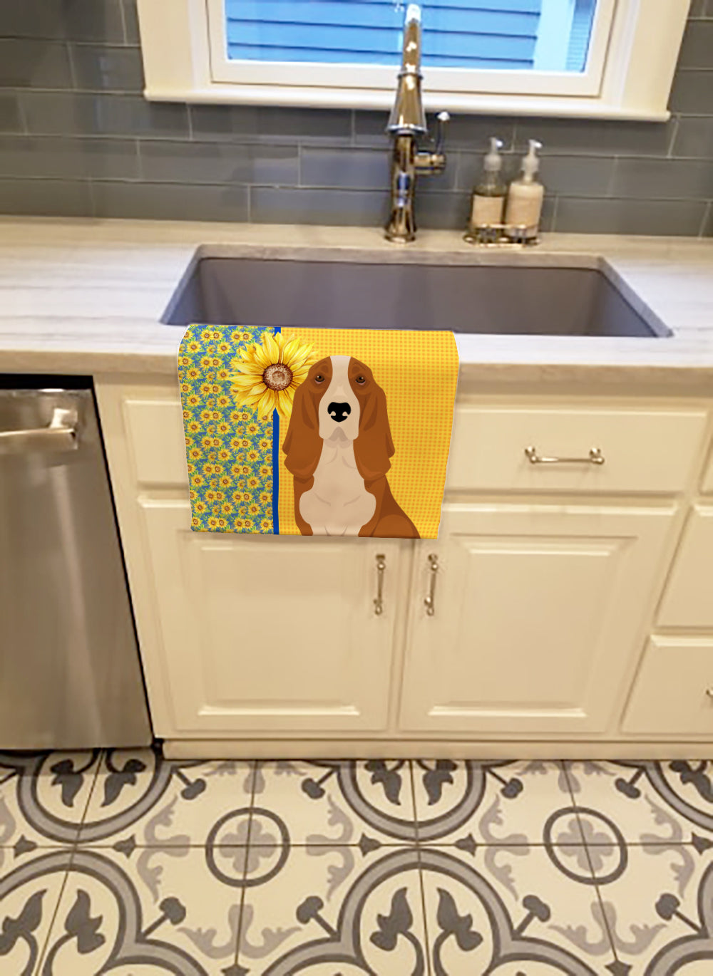 Summer Sunflowers Red and White Tricolor Basset Hound Kitchen Towel Velour Plush Front and Cotton Loop Back Machine Washable