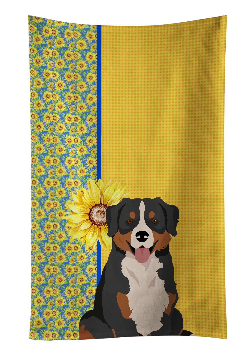 Summer Sunflowers Bernese Mountain Dog Kitchen Towel Velour Plush Front and Cotton Loop Back Machine Washable