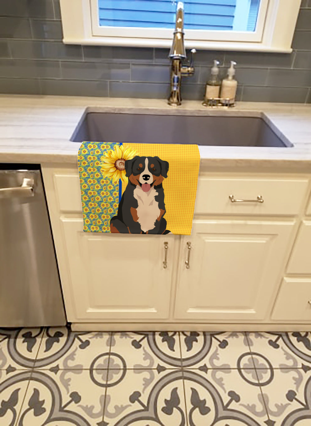 Summer Sunflowers Bernese Mountain Dog Kitchen Towel Velour Plush Front and Cotton Loop Back Machine Washable