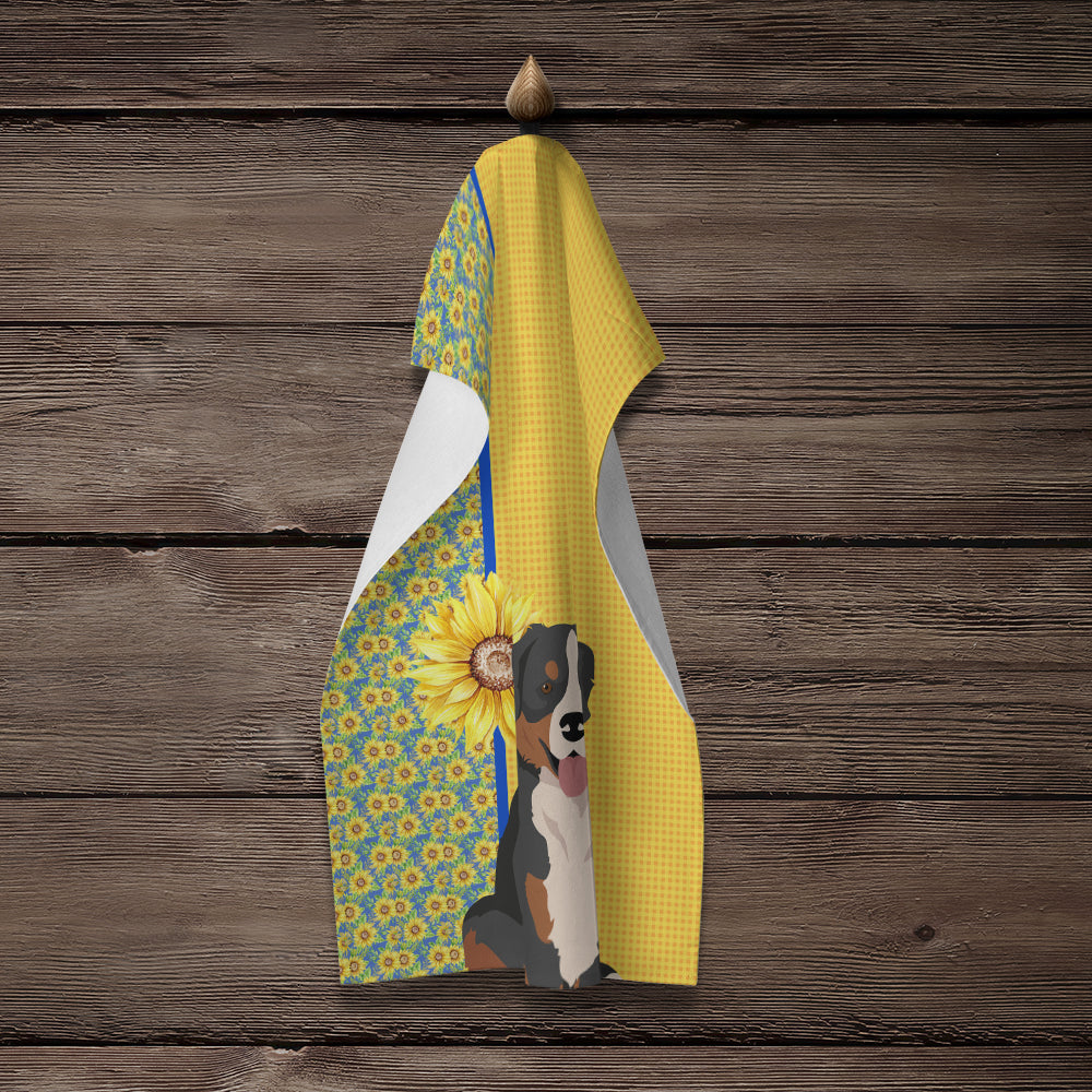Summer Sunflowers Bernese Mountain Dog Kitchen Towel Velour Plush Front and Cotton Loop Back Machine Washable