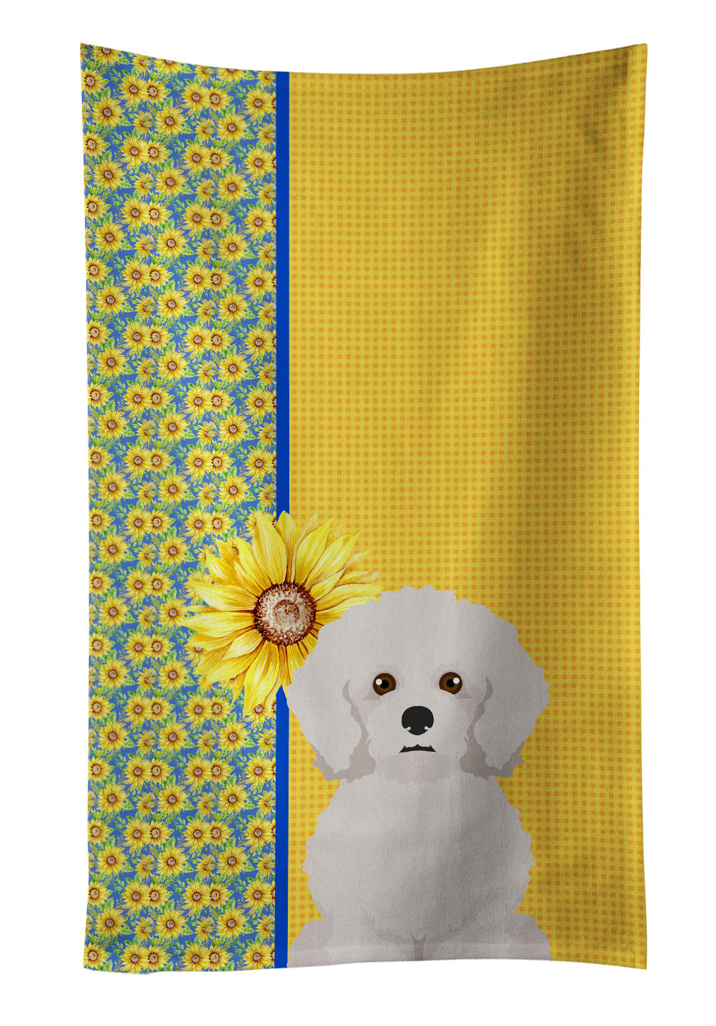 Summer Sunflowers Bichon Frise Kitchen Towel Velour Plush Front and Cotton Loop Back Machine Washable