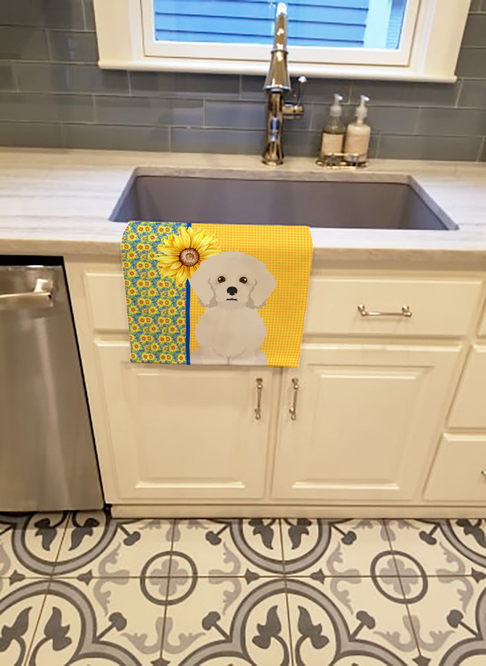 Summer Sunflowers Bichon Frise Kitchen Towel Velour Plush Front and Cotton Loop Back Machine Washable