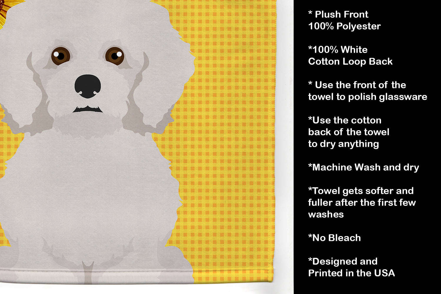Summer Sunflowers Bichon Frise Kitchen Towel Velour Plush Front and Cotton Loop Back Machine Washable