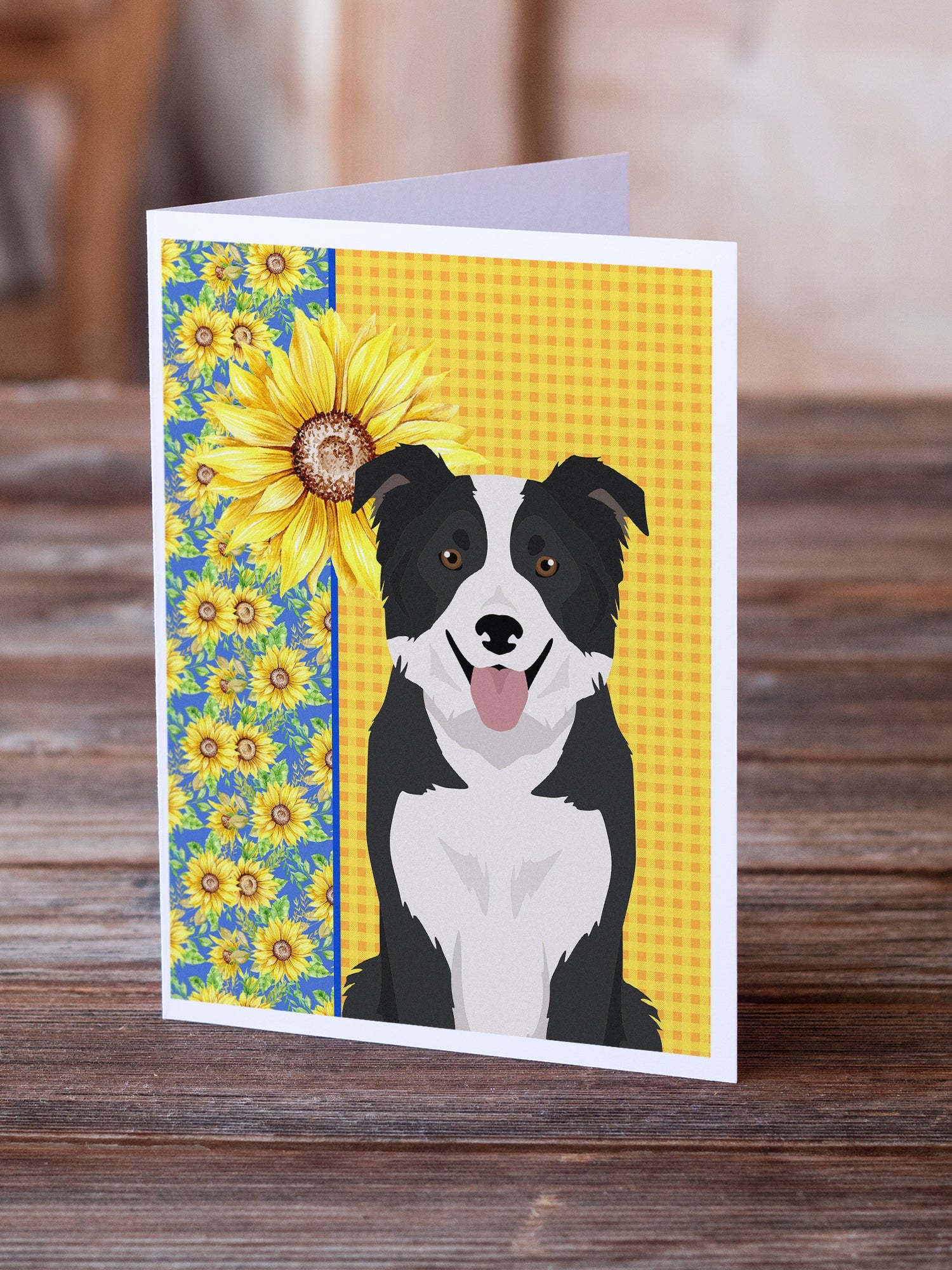 Summer Sunflowers Black and White Border Collie Greeting Cards Pack of 8 Blank Cards with Envelopes Whimsical A7 Size 5x7