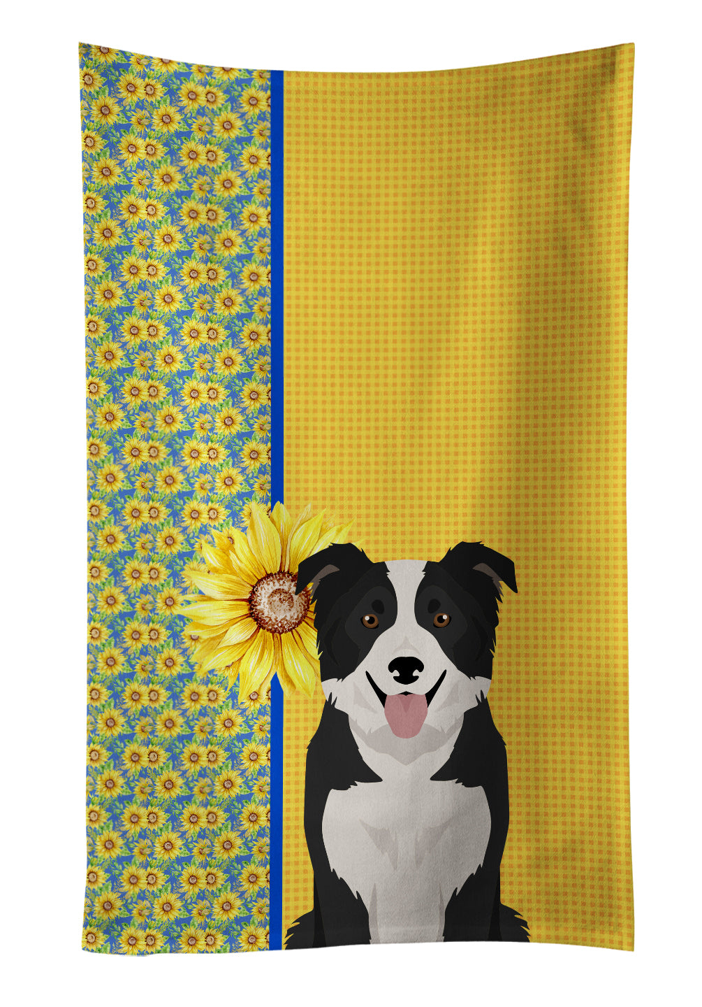 Summer Sunflowers Black and White Border Collie Kitchen Towel Velour Plush Front and Cotton Loop Back Machine Washable