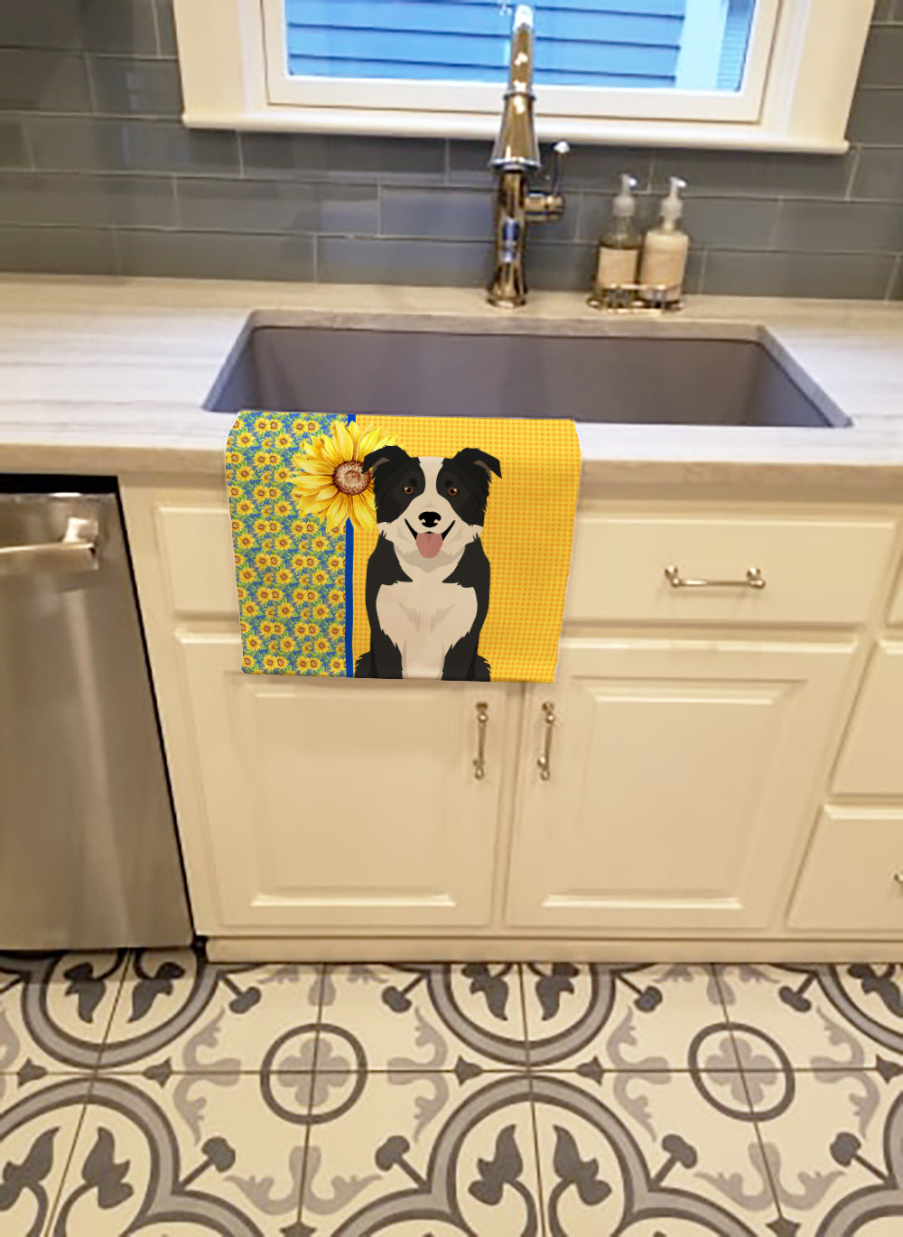 Summer Sunflowers Black and White Border Collie Kitchen Towel Velour Plush Front and Cotton Loop Back Machine Washable