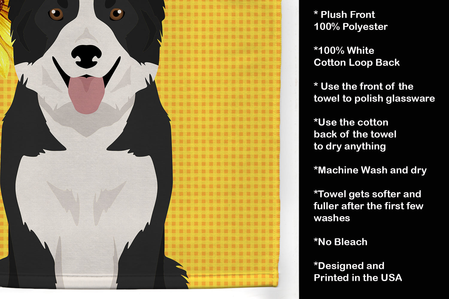 Summer Sunflowers Black and White Border Collie Kitchen Towel Velour Plush Front and Cotton Loop Back Machine Washable