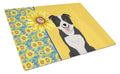 Summer Sunflowers Black and White Border Collie Cutting Board Tempered Glass Kitchen Cutting Surface, Heat Resistant Chopping, Non-Slip Feet, Food Prep & Serving
