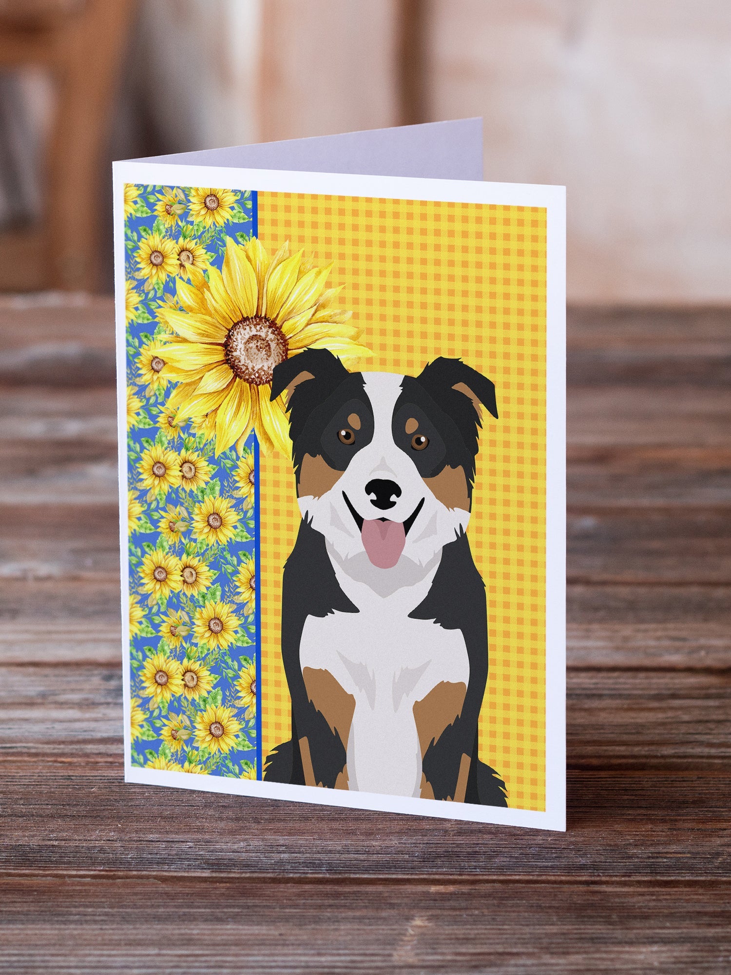 Summer Sunflowers Tricolor Border Collie Greeting Cards Pack of 8 Blank Cards with Envelopes Whimsical A7 Size 5x7