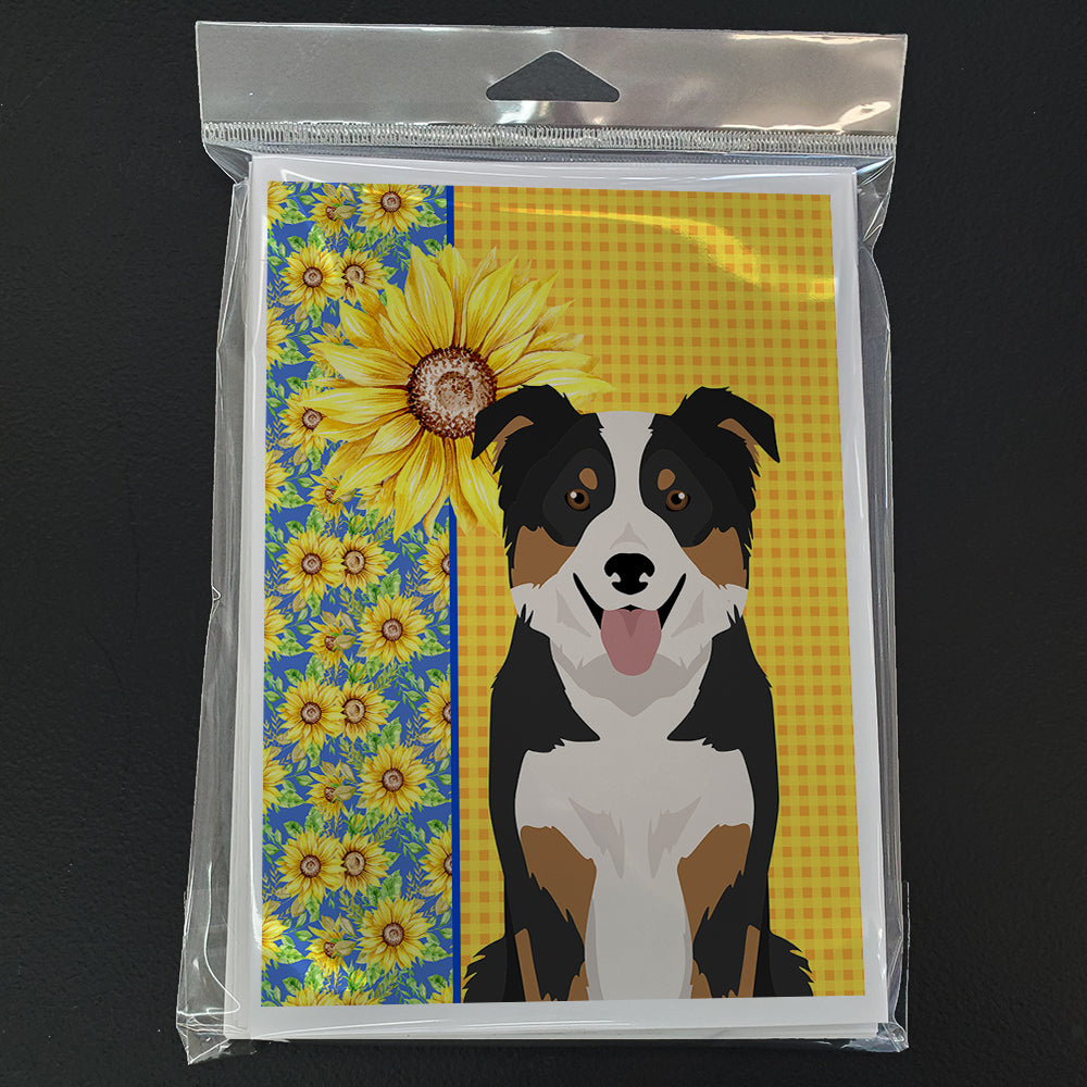 Summer Sunflowers Tricolor Border Collie Greeting Cards Pack of 8 Blank Cards with Envelopes Whimsical A7 Size 5x7