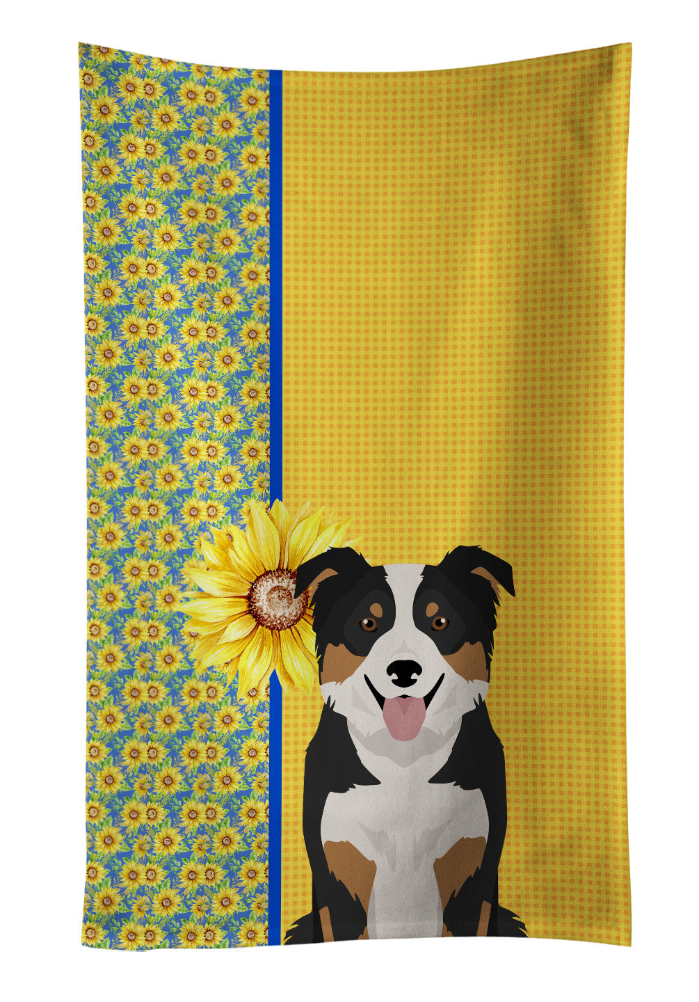 Summer Sunflowers Tricolor Border Collie Kitchen Towel Velour Plush Front and Cotton Loop Back Machine Washable