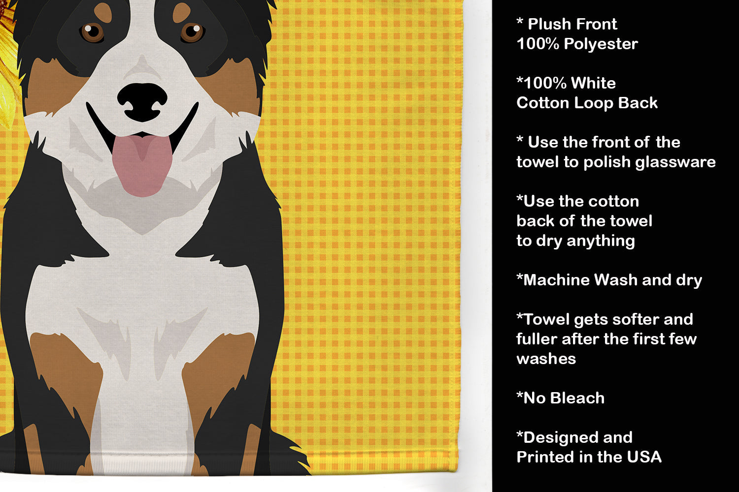Summer Sunflowers Tricolor Border Collie Kitchen Towel Velour Plush Front and Cotton Loop Back Machine Washable