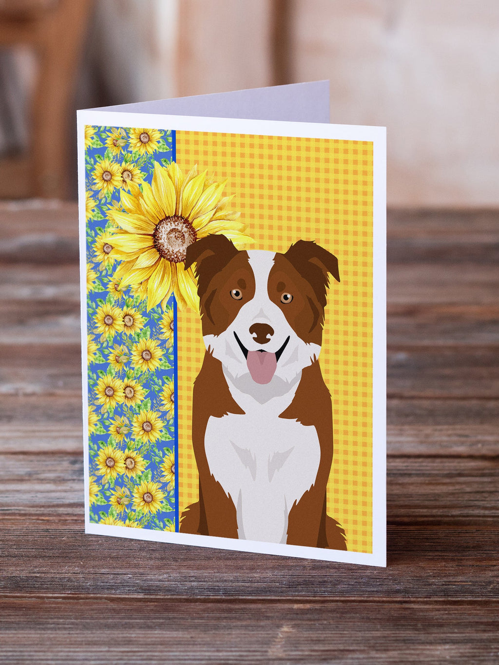 Summer Sunflowers Red and White Border Collie Greeting Cards Pack of 8 Blank Cards with Envelopes Whimsical A7 Size 5x7