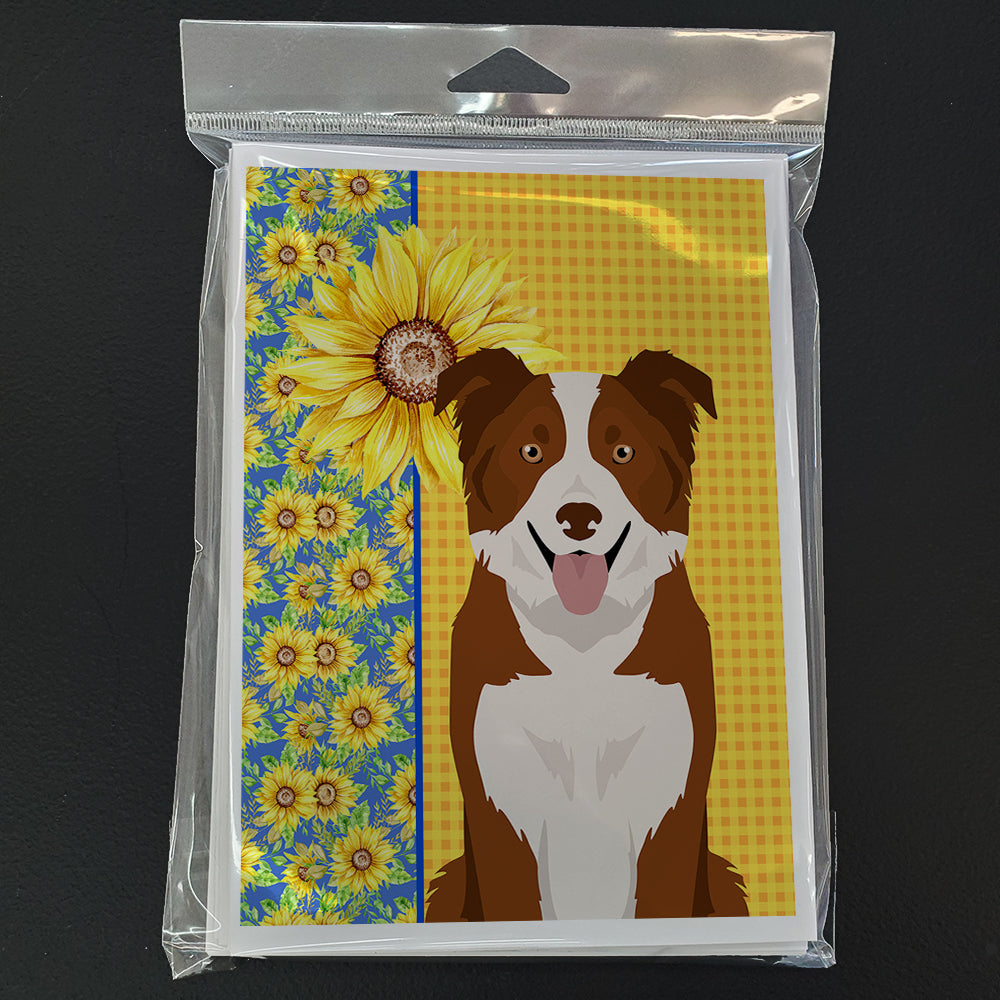Summer Sunflowers Red and White Border Collie Greeting Cards Pack of 8 Blank Cards with Envelopes Whimsical A7 Size 5x7