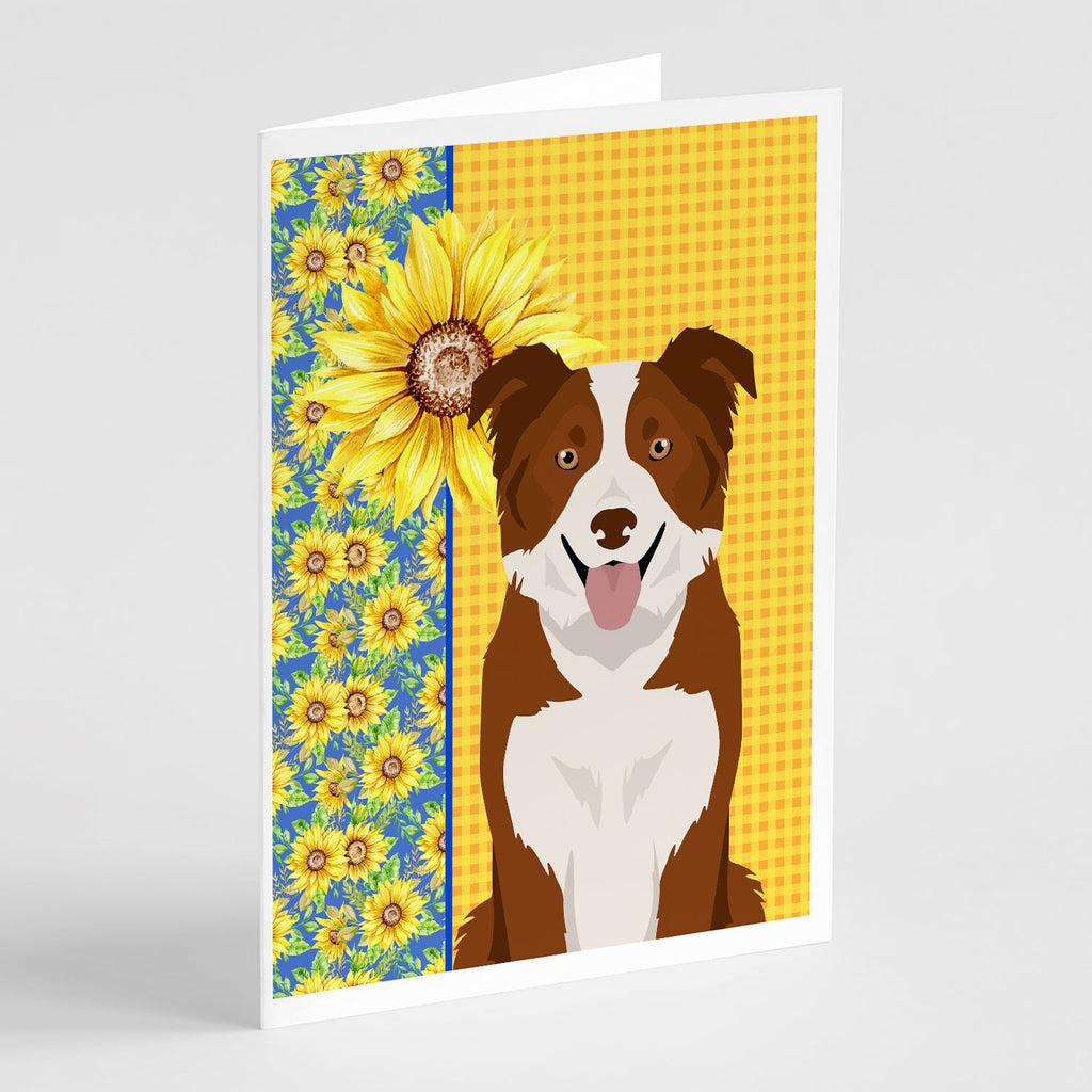 Summer Sunflowers Red and White Border Collie Greeting Cards Pack of 8 Blank Cards with Envelopes Whimsical A7 Size 5x7