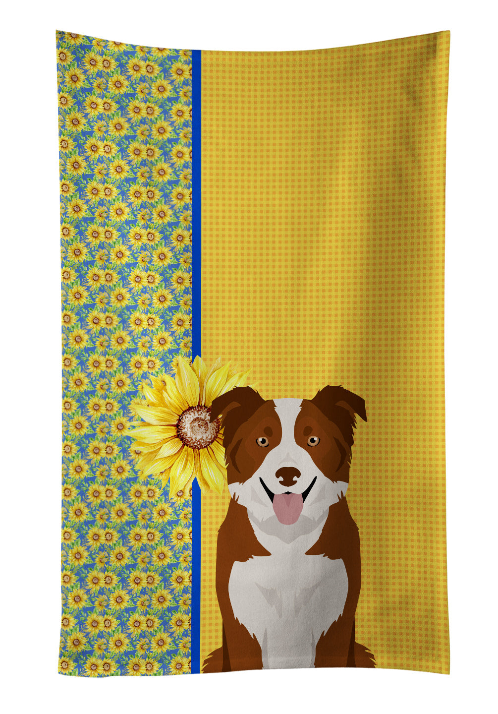 Summer Sunflowers Red and White Border Collie Kitchen Towel Velour Plush Front and Cotton Loop Back Machine Washable