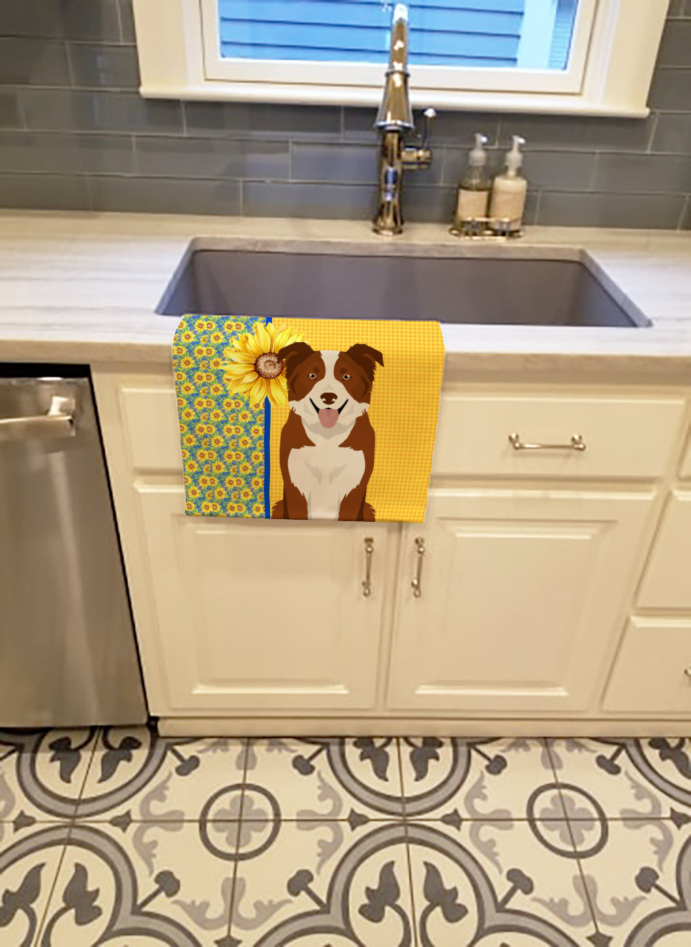 Summer Sunflowers Red and White Border Collie Kitchen Towel Velour Plush Front and Cotton Loop Back Machine Washable