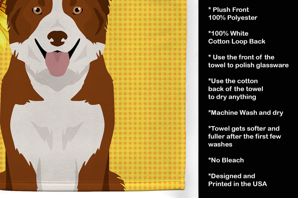 Summer Sunflowers Red and White Border Collie Kitchen Towel Velour Plush Front and Cotton Loop Back Machine Washable