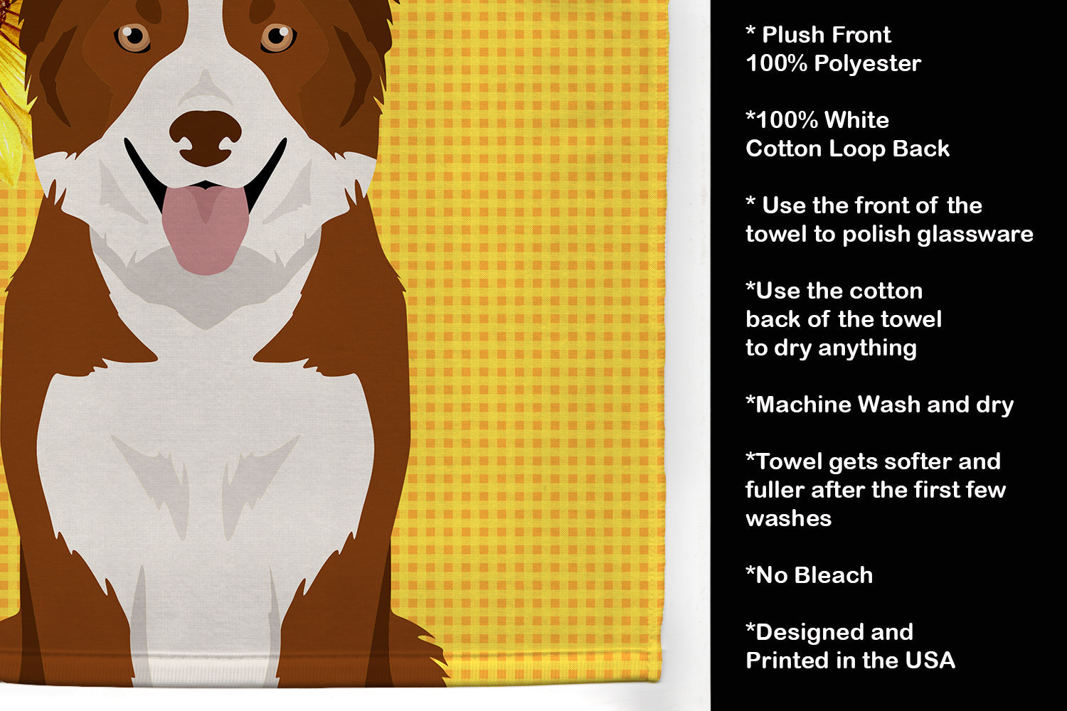 Summer Sunflowers Red and White Border Collie Kitchen Towel Velour Plush Front and Cotton Loop Back Machine Washable