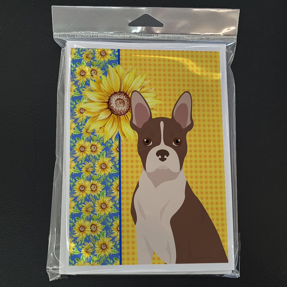 Summer Sunflowers Red Boston Terrier Greeting Cards Pack of 8 Blank Cards with Envelopes Whimsical A7 Size 5x7