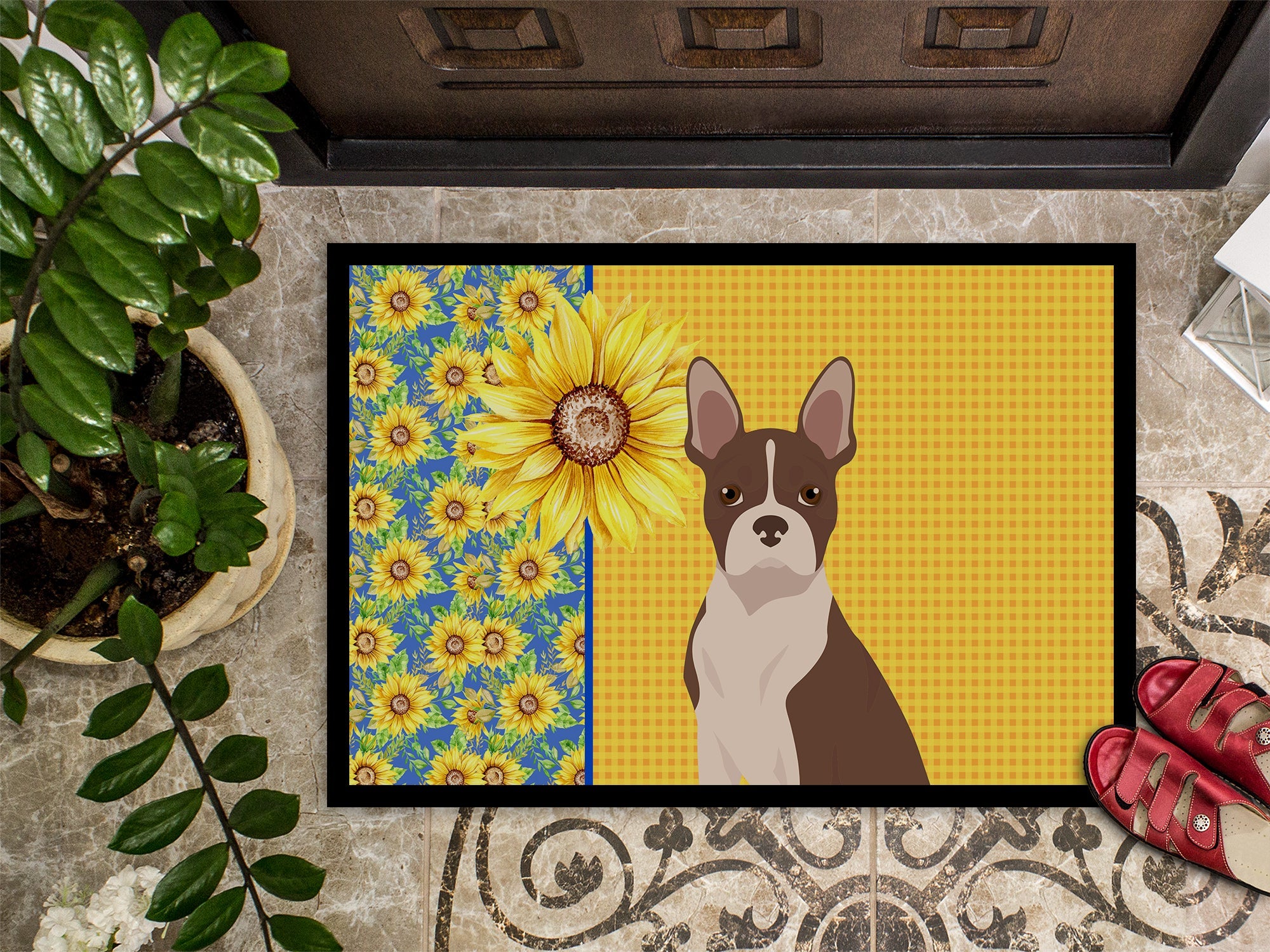 Summer Sunflowers Red Boston Terrier Doormat Indoor Outdoor 24H X 36W Front Door Mat Rugs for Entryway, Non Slip Washable Low Pile,