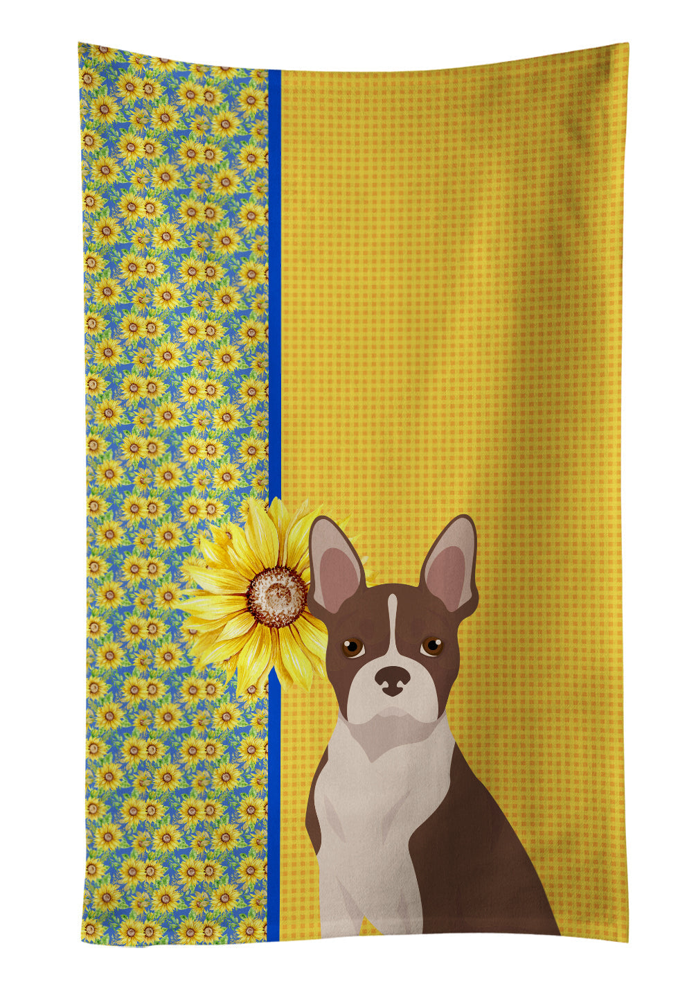 Summer Sunflowers Red Boston Terrier Kitchen Towel Velour Plush Front and Cotton Loop Back Machine Washable