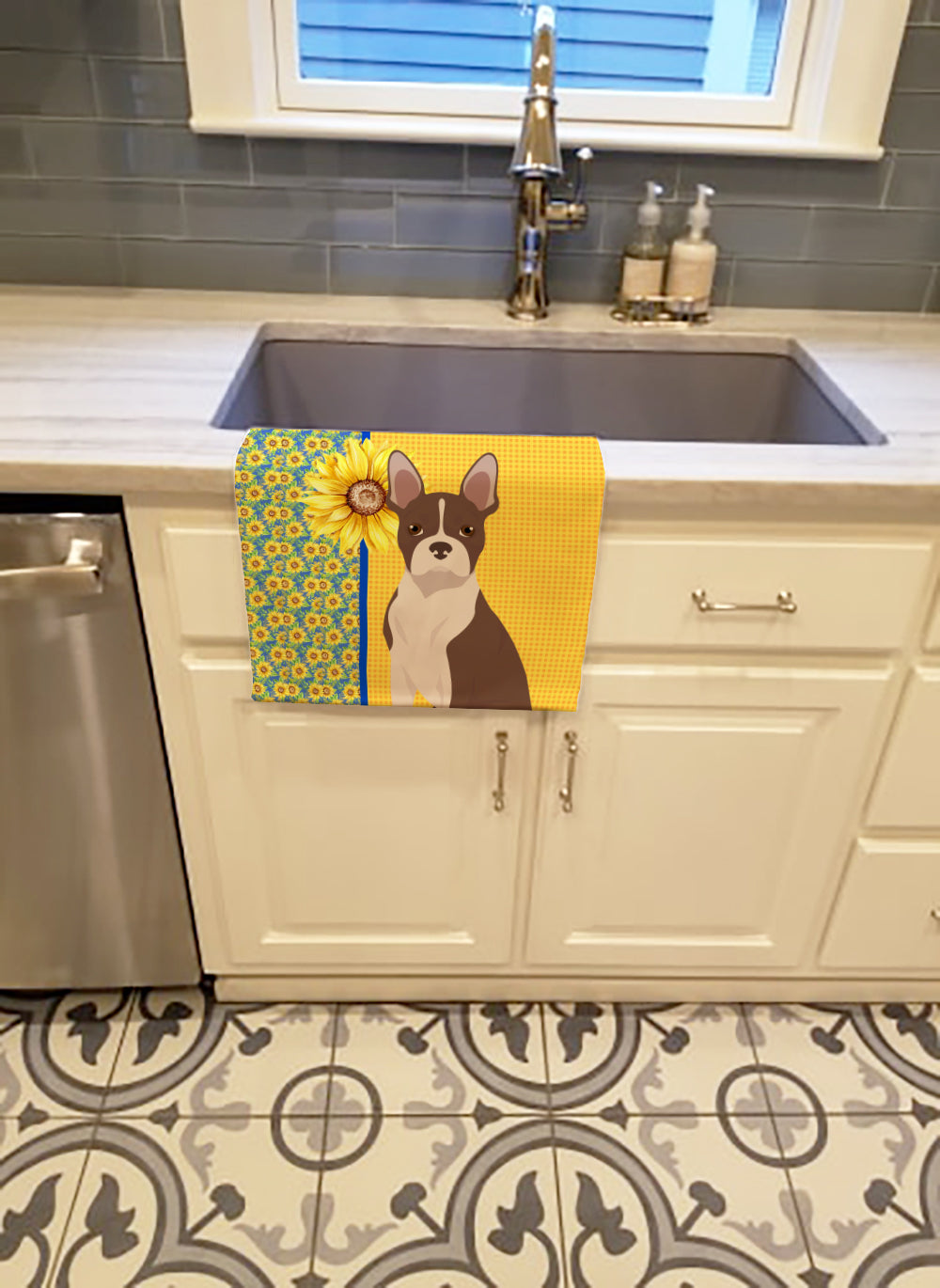 Summer Sunflowers Red Boston Terrier Kitchen Towel Velour Plush Front and Cotton Loop Back Machine Washable