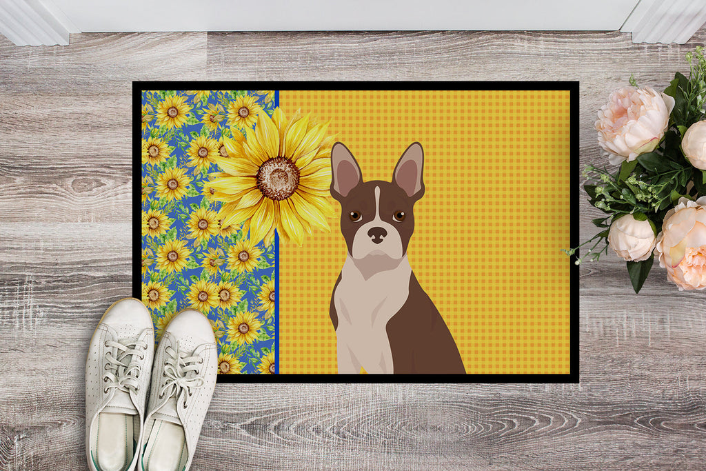 Summer Sunflowers Red Boston Terrier Doormat Indoor Outdoor 18H X 27W Front Door Mat Rugs for Entryway, Non Slip Washable