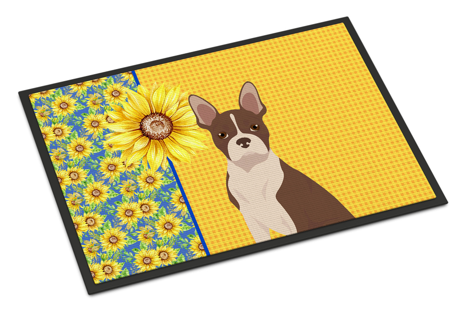 Summer Sunflowers Red Boston Terrier Doormat Indoor Outdoor 18H X 27W Front Door Mat Rugs for Entryway, Non Slip Washable