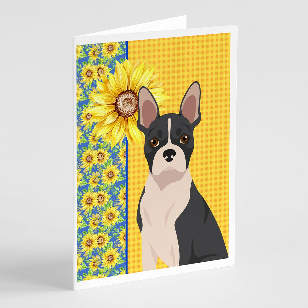Summer Sunflowers Black Boston Terrier Greeting Cards Pack of 8 Blank Cards with Envelopes Whimsical A7 Size 5x7