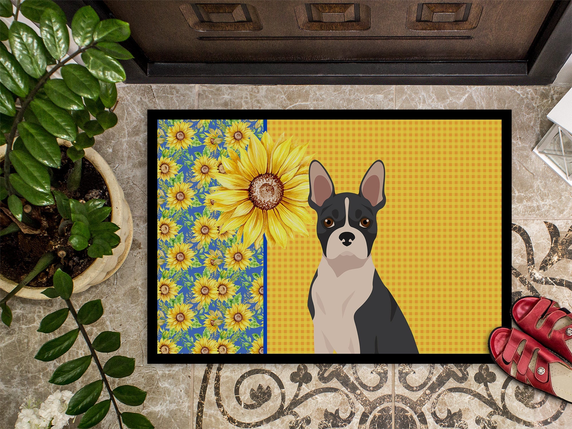 Summer Sunflowers Black Boston Terrier Doormat Indoor Outdoor 24H X 36W Front Door Mat Rugs for Entryway, Non Slip Washable Low Pile,