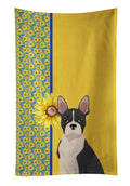 Summer Sunflowers Black Boston Terrier Kitchen Towel Velour Plush Front and Cotton Loop Back Machine Washable
