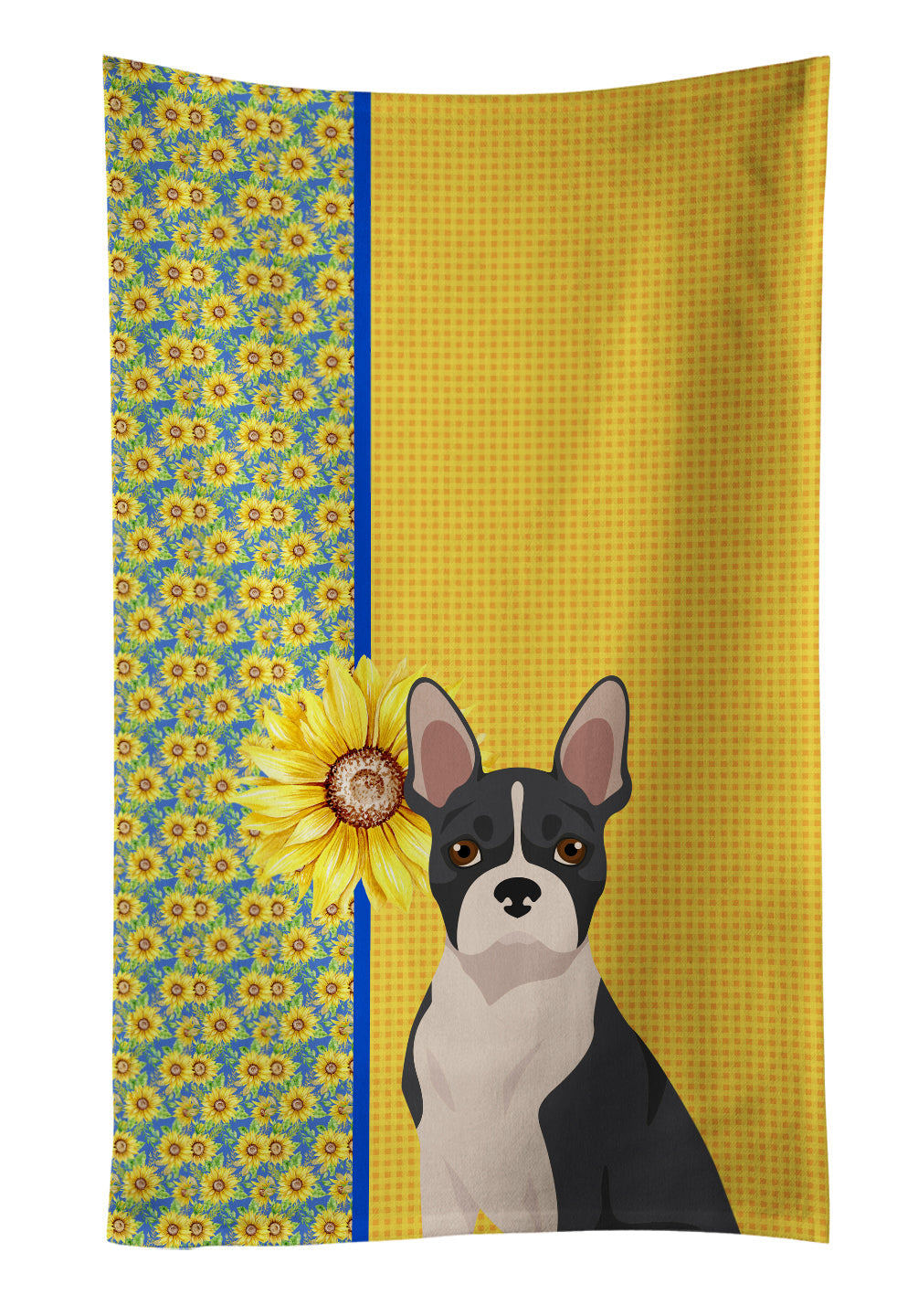Summer Sunflowers Black Boston Terrier Kitchen Towel Velour Plush Front and Cotton Loop Back Machine Washable