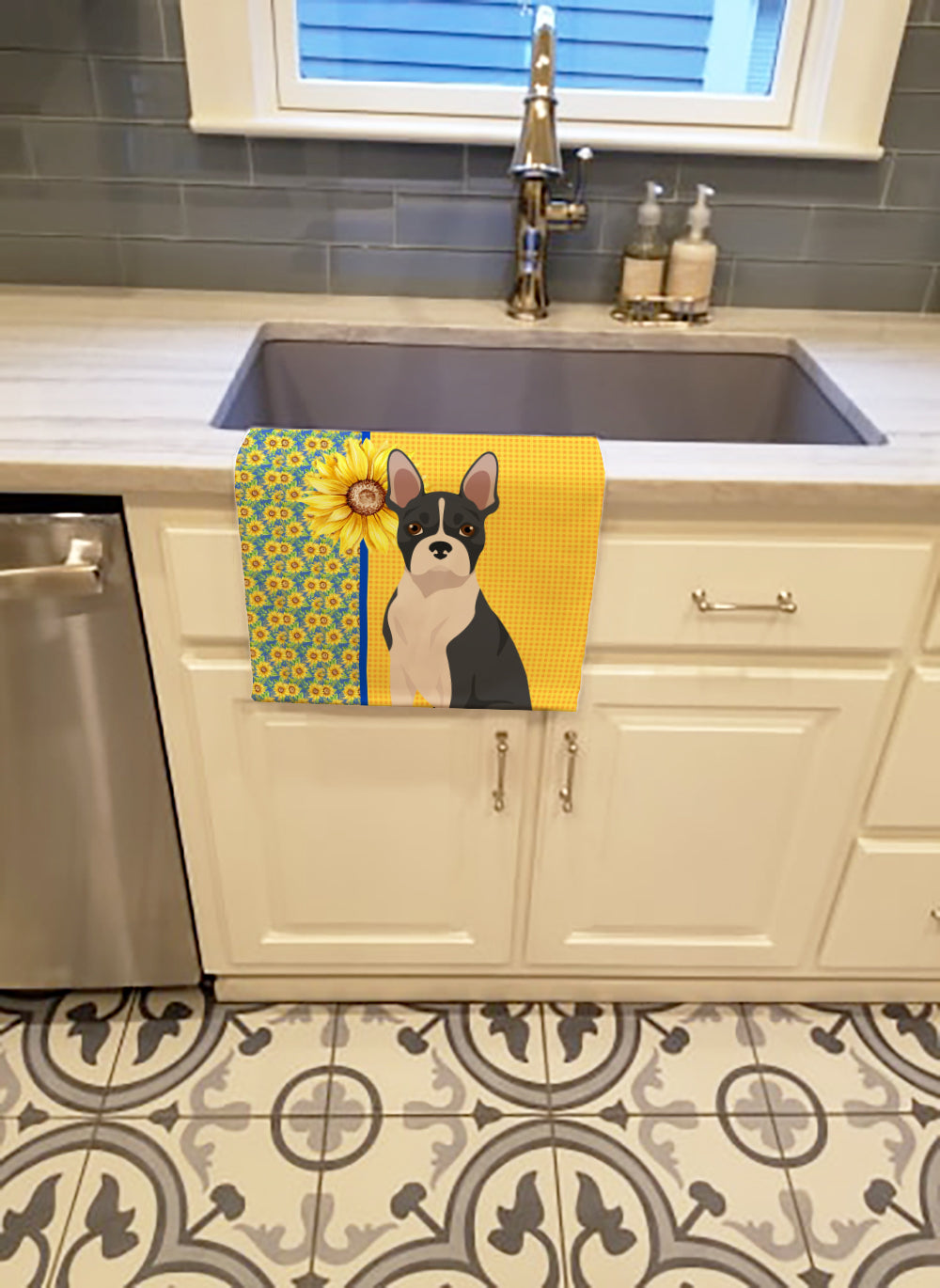Summer Sunflowers Black Boston Terrier Kitchen Towel Velour Plush Front and Cotton Loop Back Machine Washable