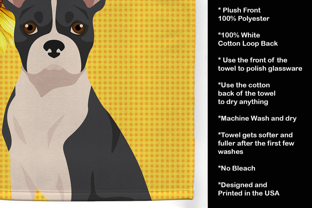 Summer Sunflowers Black Boston Terrier Kitchen Towel Velour Plush Front and Cotton Loop Back Machine Washable