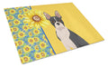 Summer Sunflowers Black Boston Terrier Cutting Board Tempered Glass Kitchen Cutting Surface, Heat Resistant Chopping, Non-Slip Feet, Food Prep & Serving