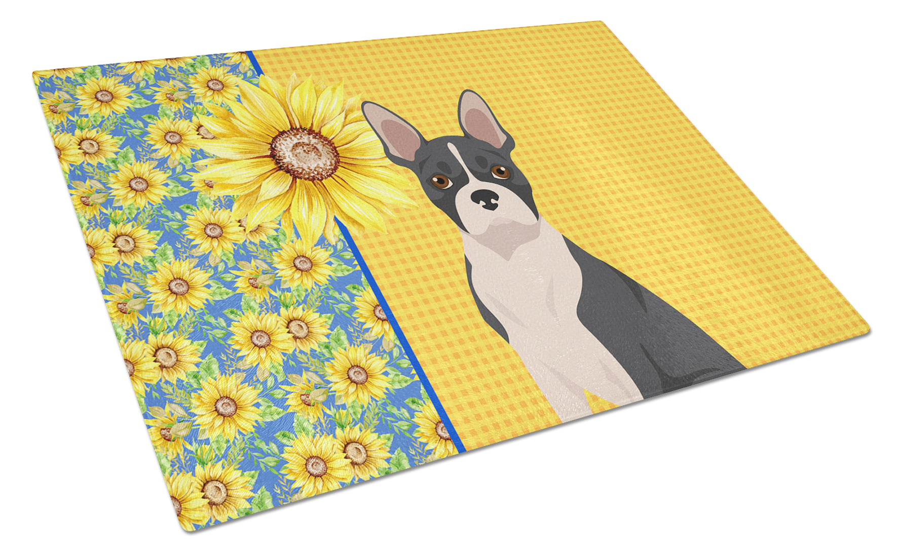 Summer Sunflowers Black Boston Terrier Cutting Board Tempered Glass Kitchen Cutting Surface, Heat Resistant Chopping, Non-Slip Feet, Food Prep & Serving