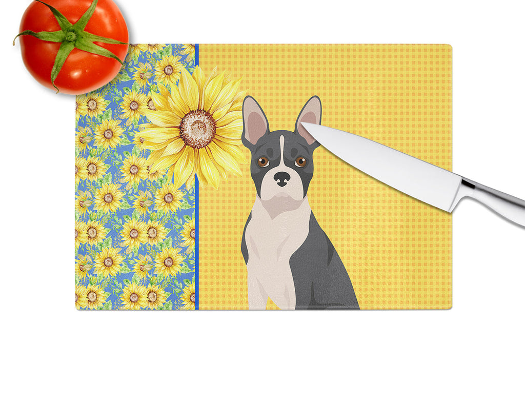 Summer Sunflowers Black Boston Terrier Cutting Board Tempered Glass Kitchen Cutting Surface, Heat Resistant Chopping, Non-Slip Feet, Food Prep & Serving