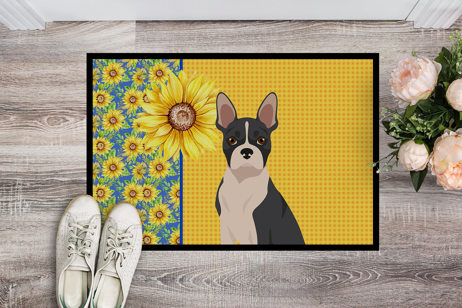 Summer Sunflowers Black Boston Terrier Doormat Indoor Outdoor 18H X 27W Front Door Mat Rugs for Entryway, Non Slip Washable