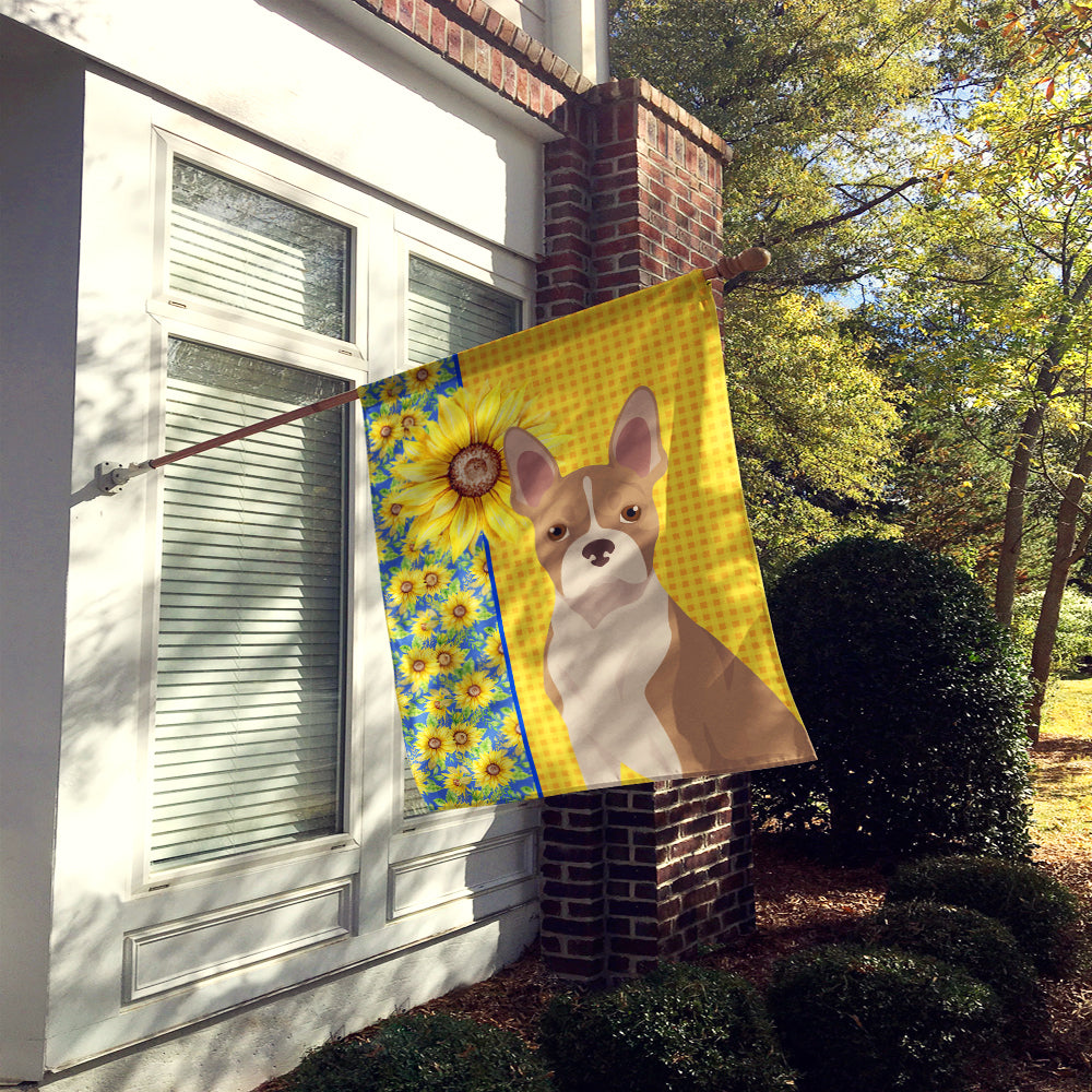 Summer Sunflowers Fawn Boston Terrier House Flag 28x40 Porch Sleeve Pole Decorative Outside Yard Banner Artwork Wall Hanging, Polyester