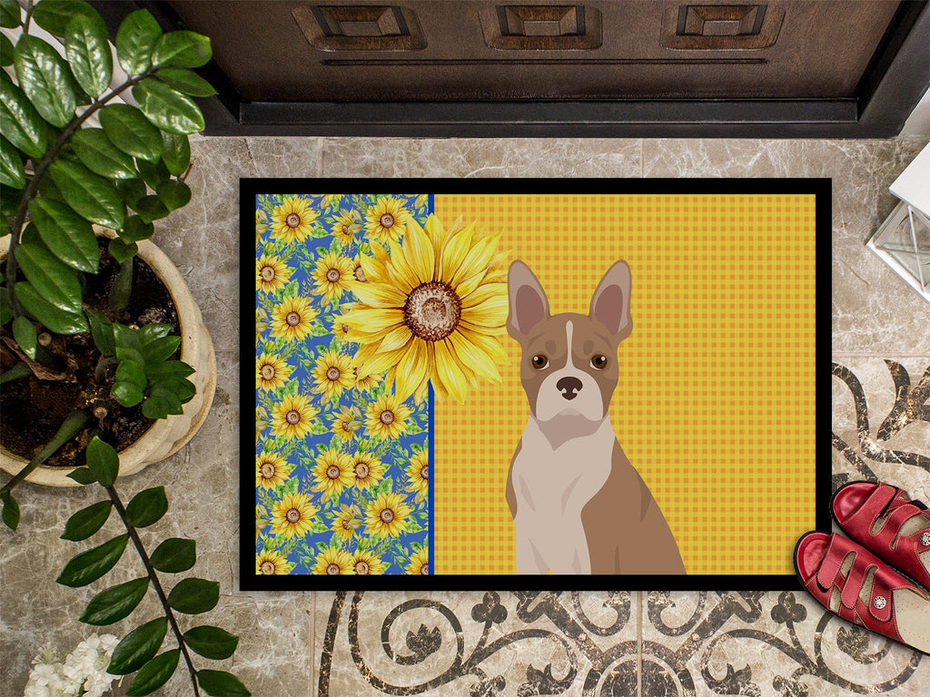 Summer Sunflowers Fawn Boston Terrier Doormat Indoor Outdoor 24H X 36W Front Door Mat Rugs for Entryway, Non Slip Washable Low Pile,