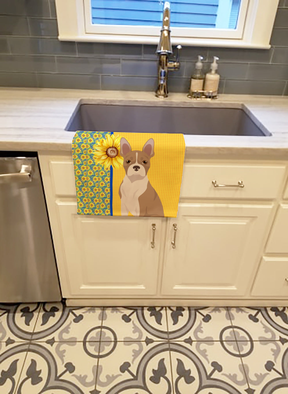 Summer Sunflowers Fawn Boston Terrier Kitchen Towel Velour Plush Front and Cotton Loop Back Machine Washable