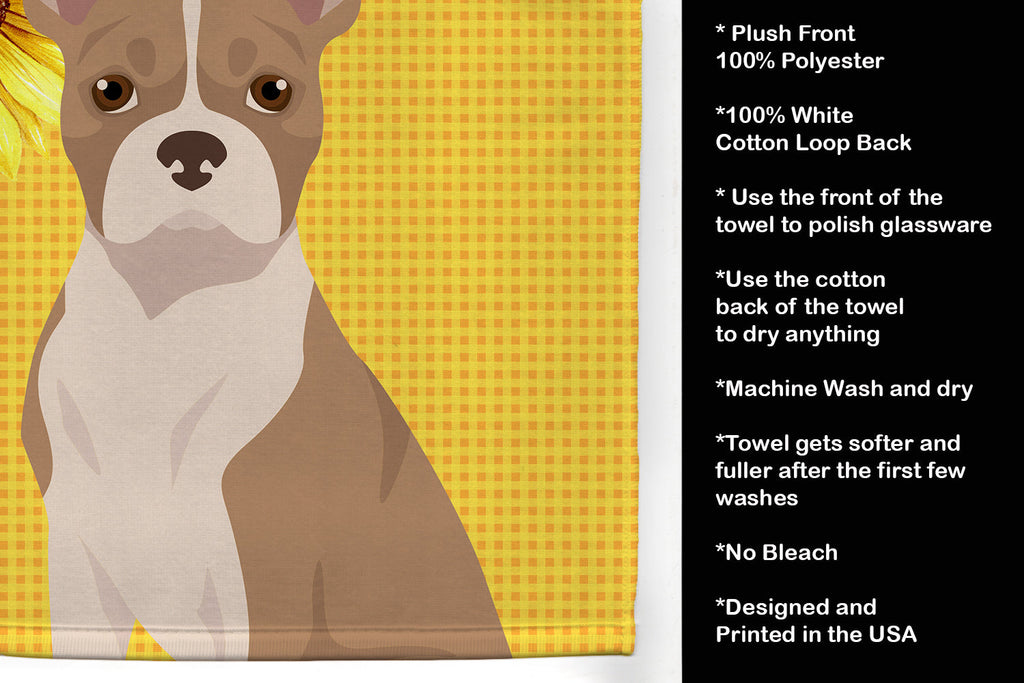 Summer Sunflowers Fawn Boston Terrier Kitchen Towel Velour Plush Front and Cotton Loop Back Machine Washable