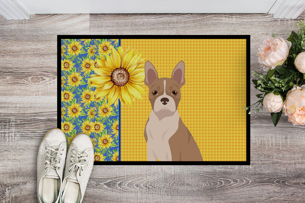 Summer Sunflowers Fawn Boston Terrier Doormat Indoor Outdoor 18H X 27W Front Door Mat Rugs for Entryway, Non Slip Washable