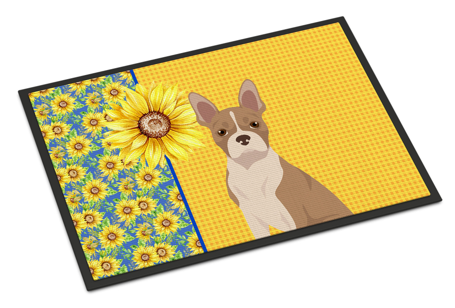 Summer Sunflowers Fawn Boston Terrier Doormat Indoor Outdoor 18H X 27W Front Door Mat Rugs for Entryway, Non Slip Washable