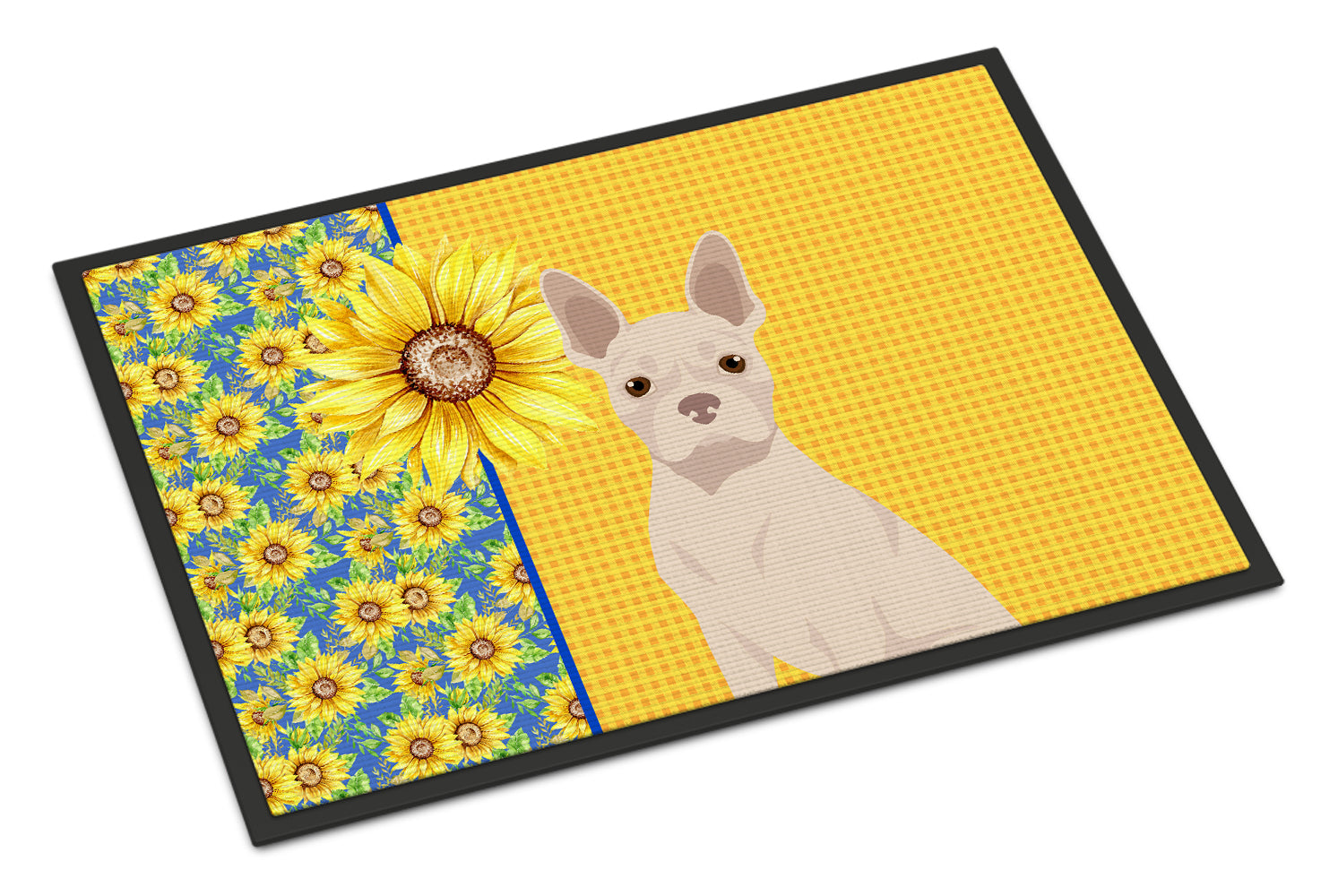 Summer Sunflowers White Boston Terrier Doormat Indoor Outdoor 24H X 36W Front Door Mat Rugs for Entryway, Non Slip Washable Low Pile,